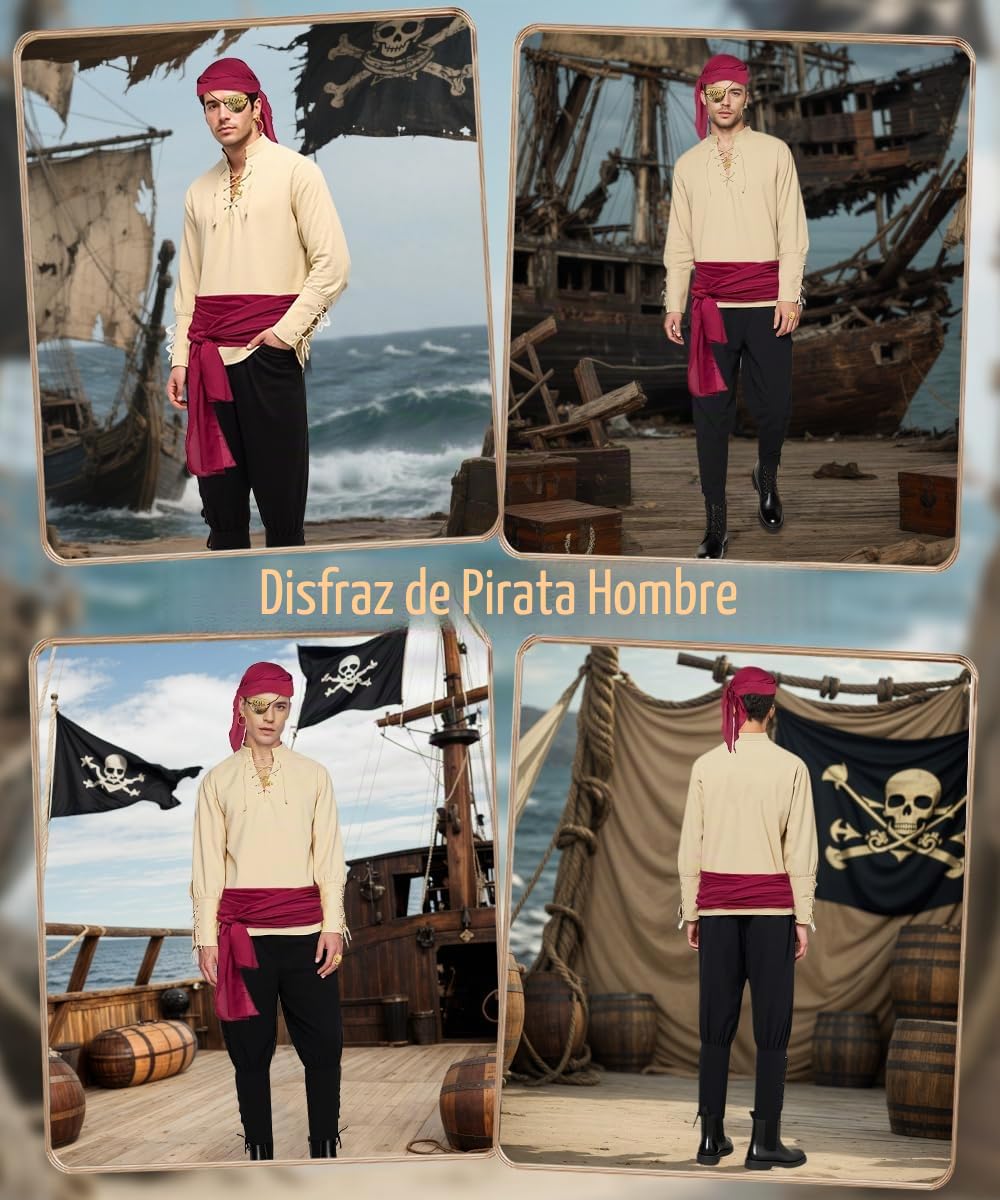 Disfraz Pirata Hombre, Disfraz Medieval Renacentista con Bandana Accesorios | Disfraces Carnaval Hombre, Regalo para Adultos, Disfraces de Pirata para Carnaval, Fiesta, Halloween y Cosplay