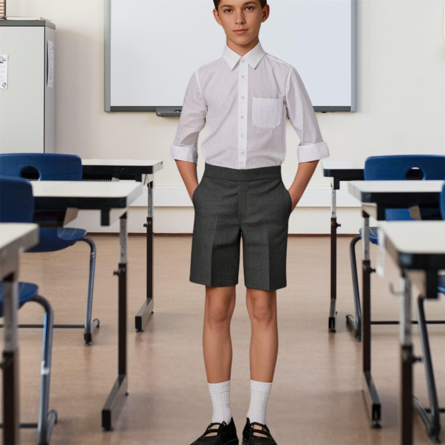 Pantalones cortos escolares para niños, paquete de 2 unidades con revestimiento de teflón, uniformes escolares negros con bolsillos, pantalones cortos lisos hasta la rodilla para niños de 2