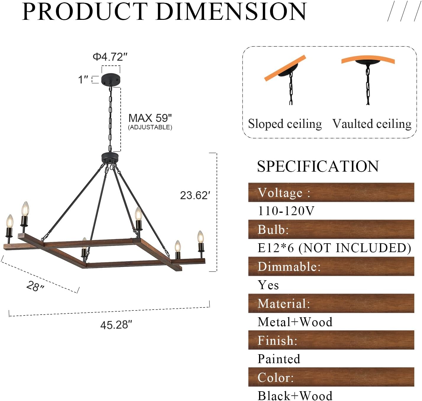 L45'' Rustic Farmhouse Square Wood Chandeliers 6-Light Unique Rectangular Candle Chandelier Long Ceiling Pendant Light for Living Dining Room Foyer Kitchen Bedroom High Ceiling,E12