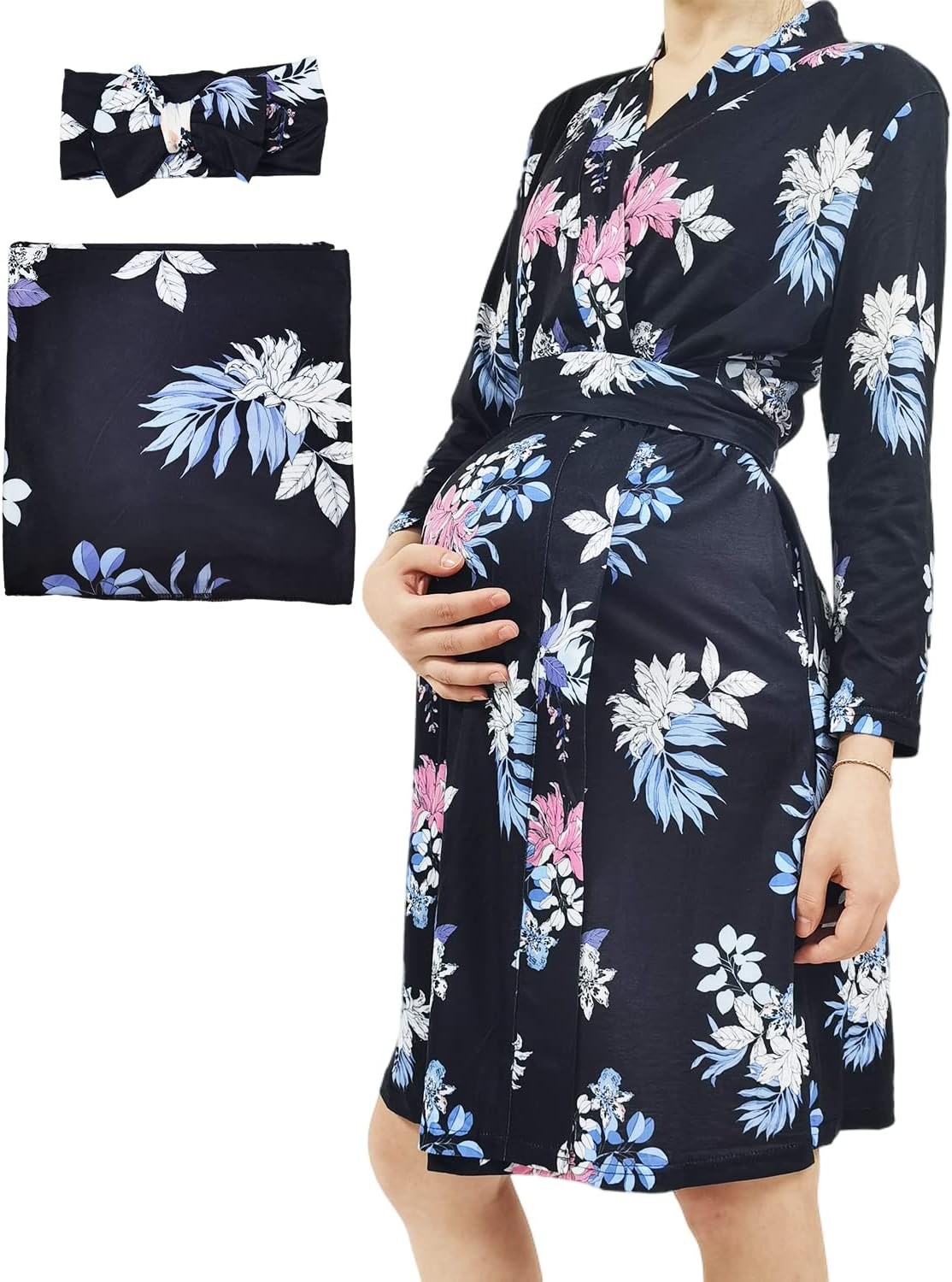 SUFEINI Women's Maternity Nursing Mommy Robe with Matching Swaddle Set, Pregnancy Hospital Labor Robes