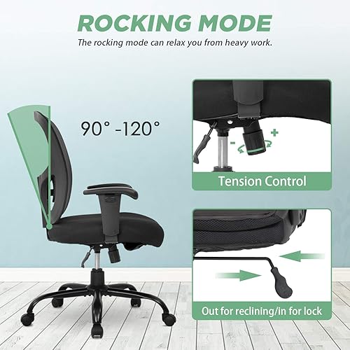 Miniatura 7 de Silla de oficina grande y alta, hasta 400 libras, silla de escritorio, de malla, para computadora, con soporte lumbar, asiento ancho ajustable,