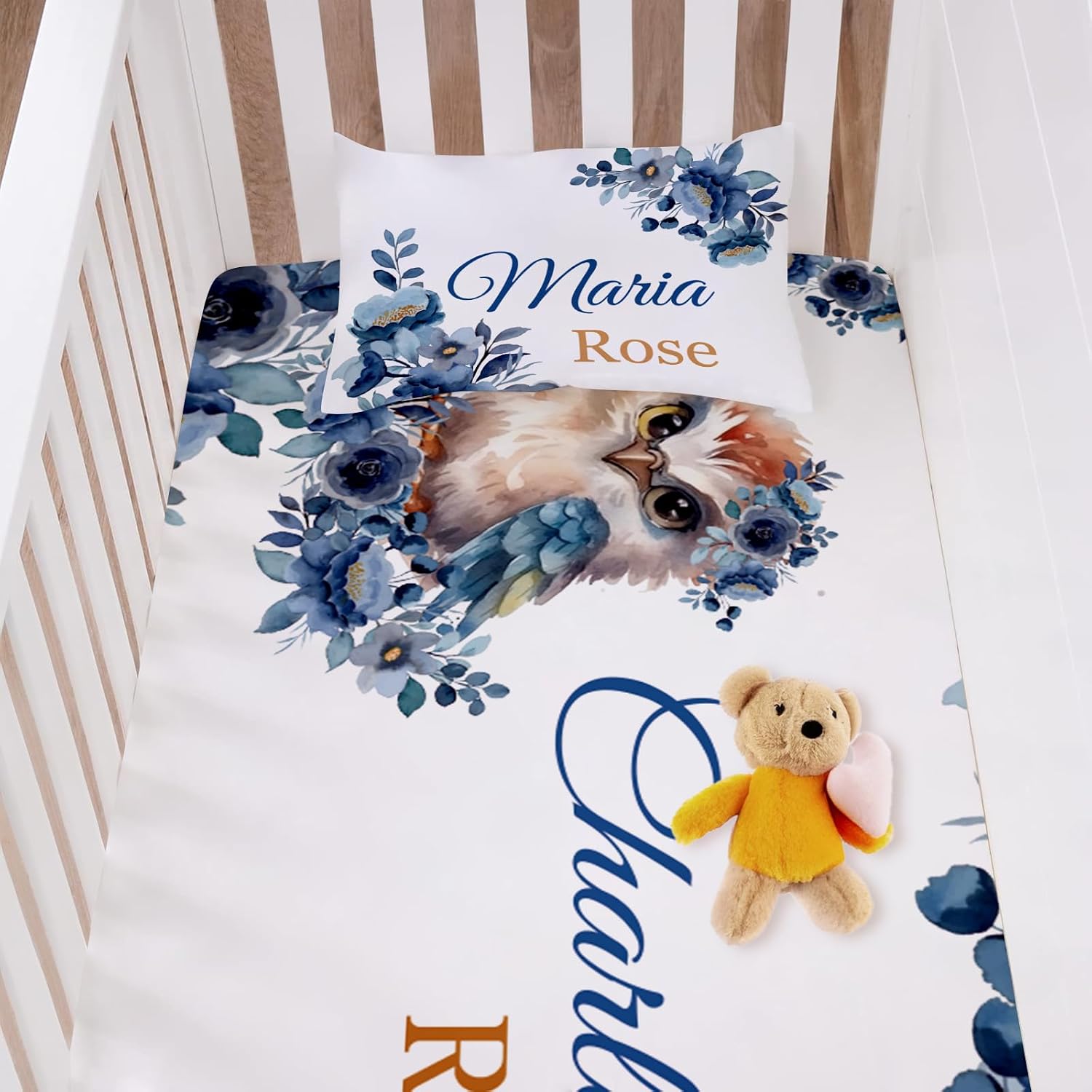 Personalized Crib Bedding Set for Baby Boy Girl, Custom Name Owl Design 3 Piece Baby Bedding Set, Including Plush Blanket, Fitted Sheet and Pillowcase for Newborn Nursery Gift