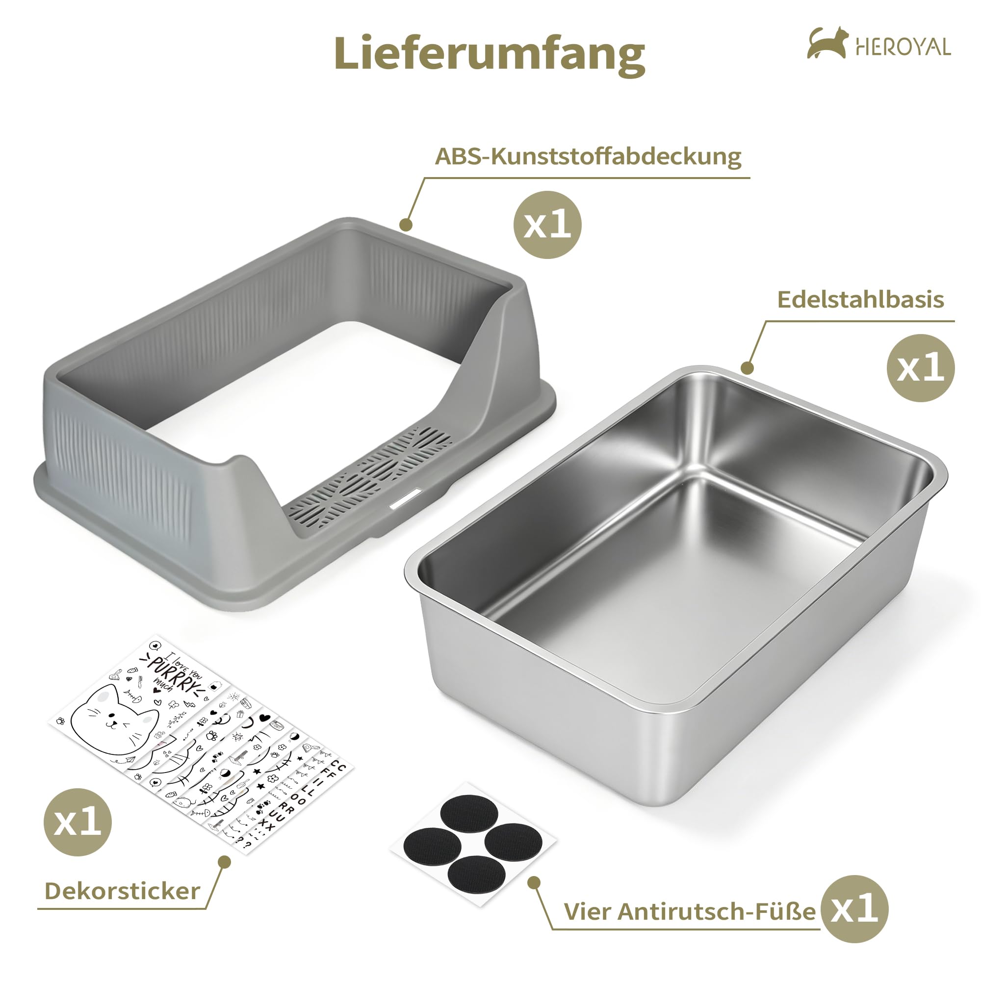 Katzenklo Edelstahl XXXL mit DIY-Aufkleber (60x40x30cm), 37L Katzentoilette Edelstahl mit Deckel, Große Kapazität, Auslaufsicher&Spritzsicher, einfacher EIN- und Ausstieg, Einfach zu Reinigen