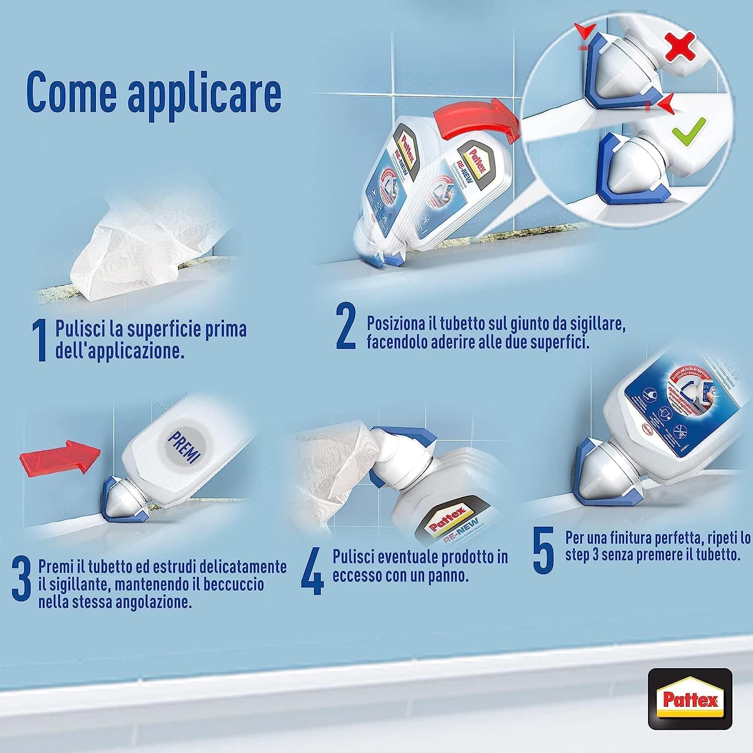 Pattex RE-NEW Bianco, Sigillante bagno e cucina per rinnovo fughe, Silicone sigillante bianco per rinnovare le fughe ed eliminare la muffa, applicazione facile, 1x80ml