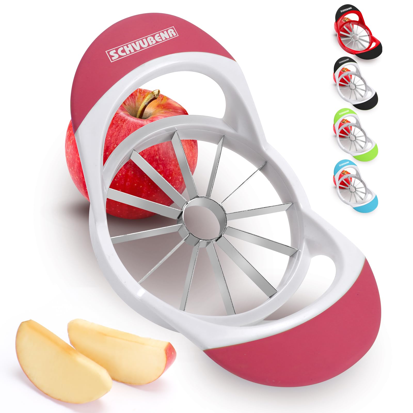 SCHVUBENR 4.72 Inch Large Apple Slicer with 12 Blades - Professional Apple Cutter - Stainless Steel Apple Corer - Sharp Apple Slicer and Corer - Apple Corer Tool - Dishwasher Safe(Pink)