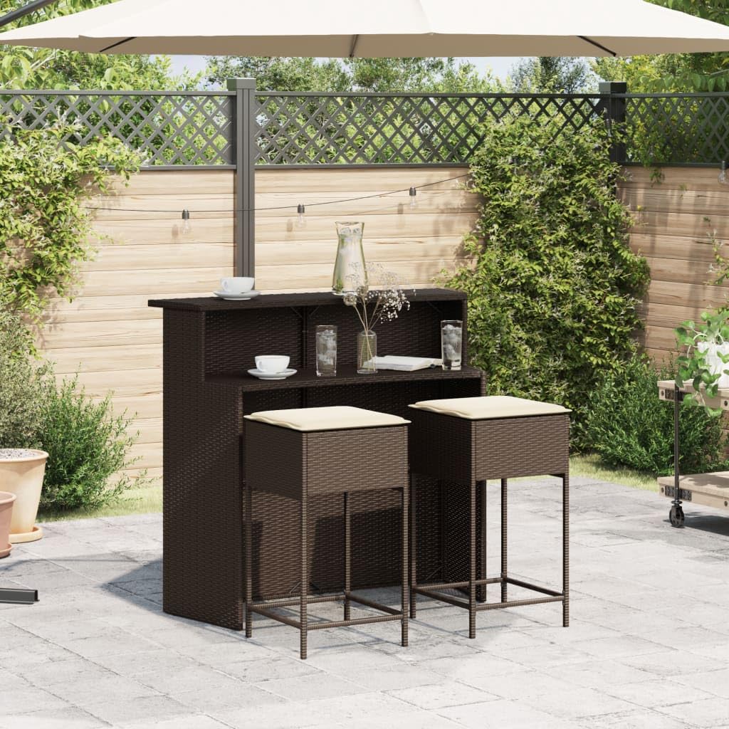 Set Bar da Giardino 3 pz con Cuscini in Polyrattan Marrone, Tavolo con Sedie, Tavolo Giardino con Sedie, Bancone Bar da Casa, Tavolo Bar con Sgabelli