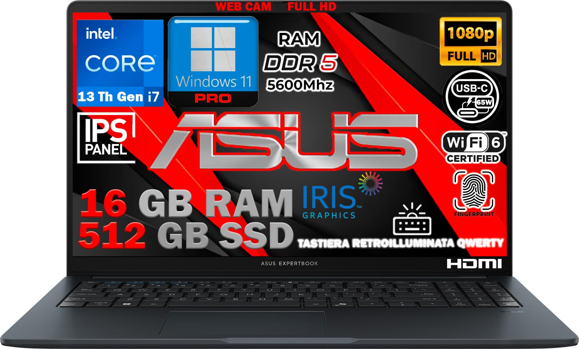 ASUS Notebook ExpertBook 15,6" Intel Core i7 13ª Gen 10-Core fino a 5GHz, 16GB RAM DDR5, 512 GB SSD, Win11 Pro, WiFi6E, Thunderbolt, HDMI, Tastiera Retroilluminata, QWERTY, Fingerprint