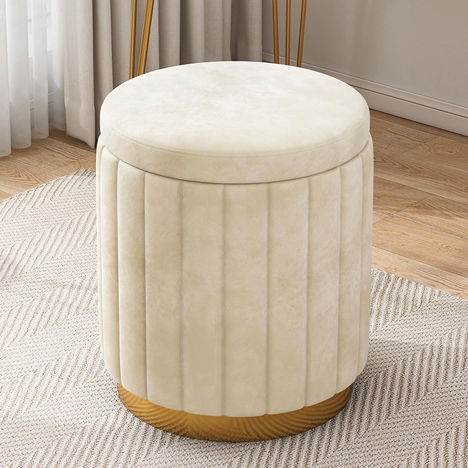 Entryway Shoe Changing Storage Ottoman Round Vanity Stool with Storage Upholstered Foot Rest Stool Round Ottoman with Storage and Gold Plated Base Storage Ottoman(A+Storage)