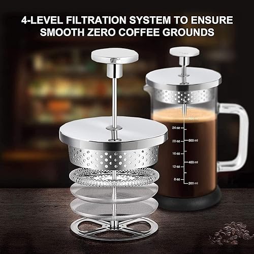 Miniatura 2 de YMMIND French Press Coffee Maker 34 Ounce Espresso Tea Coffee Maker with 4 Filters System, Stainless Steel Plunger and Heat Resistant Borosilicate