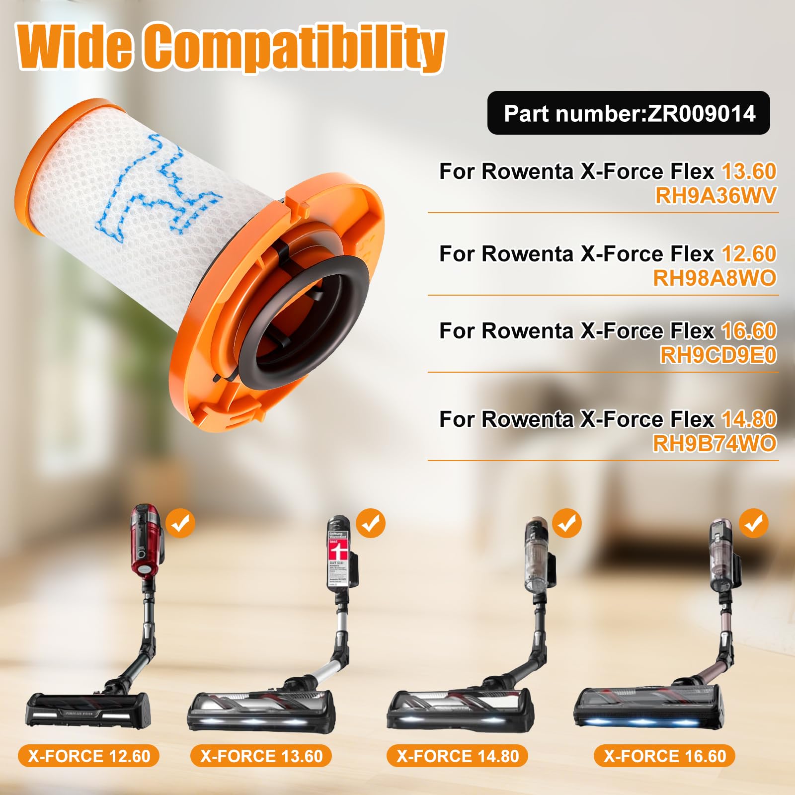 ZR009014-3 Filtri HEPA Lavabili compatibili con Rowenta X-Force Flex 13.60 12.60 14.80 16.60, Kit Filtro di Ricambio per Aspirapolvere con Spazzola di Pulizia