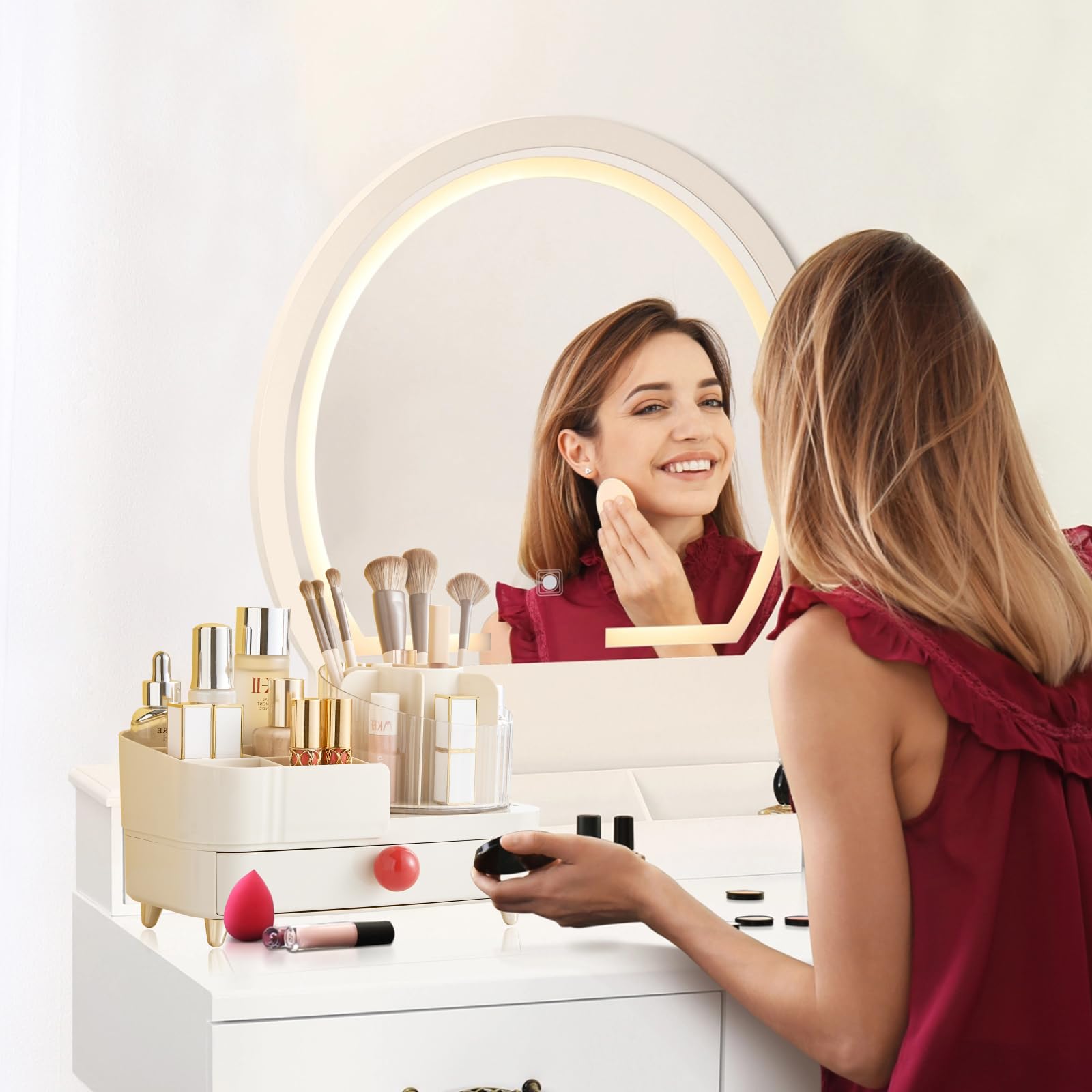 Rotating Makeup Organizer for Vanity – Large Capacity Cosmetic Storage with 360° Spin,at least 20 makeup brushes/eyeliner,10 lipsticks,8 skincare products, Includes Travel Toiletry Bag Set (Cream)