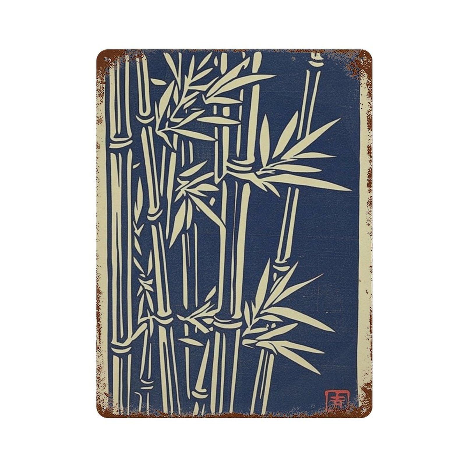 xiaoxiaoshen Japanese Bamboo Woodblock Style Botanical Blue Minimalist Asian Nature Line Wall Decor Art Metal Tin Poster Modern Home Decor Art Home Bar Shop Decorations Vintage Sign 40x30cm