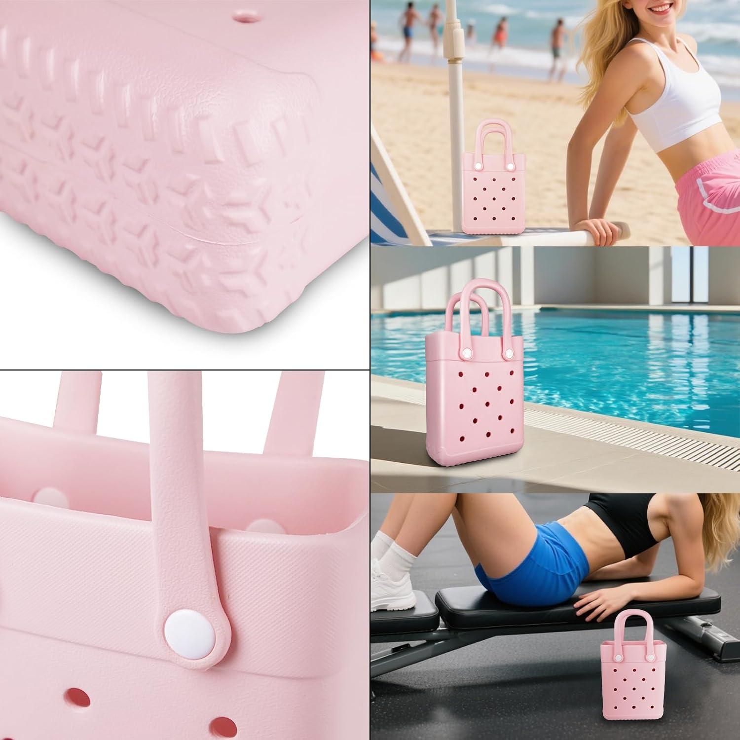 Beach Bag for Women | Waterproof Rubber Tote Bag for Beach, Pool, Travel, Groceries, Sports(Pink, Small) - Image 2