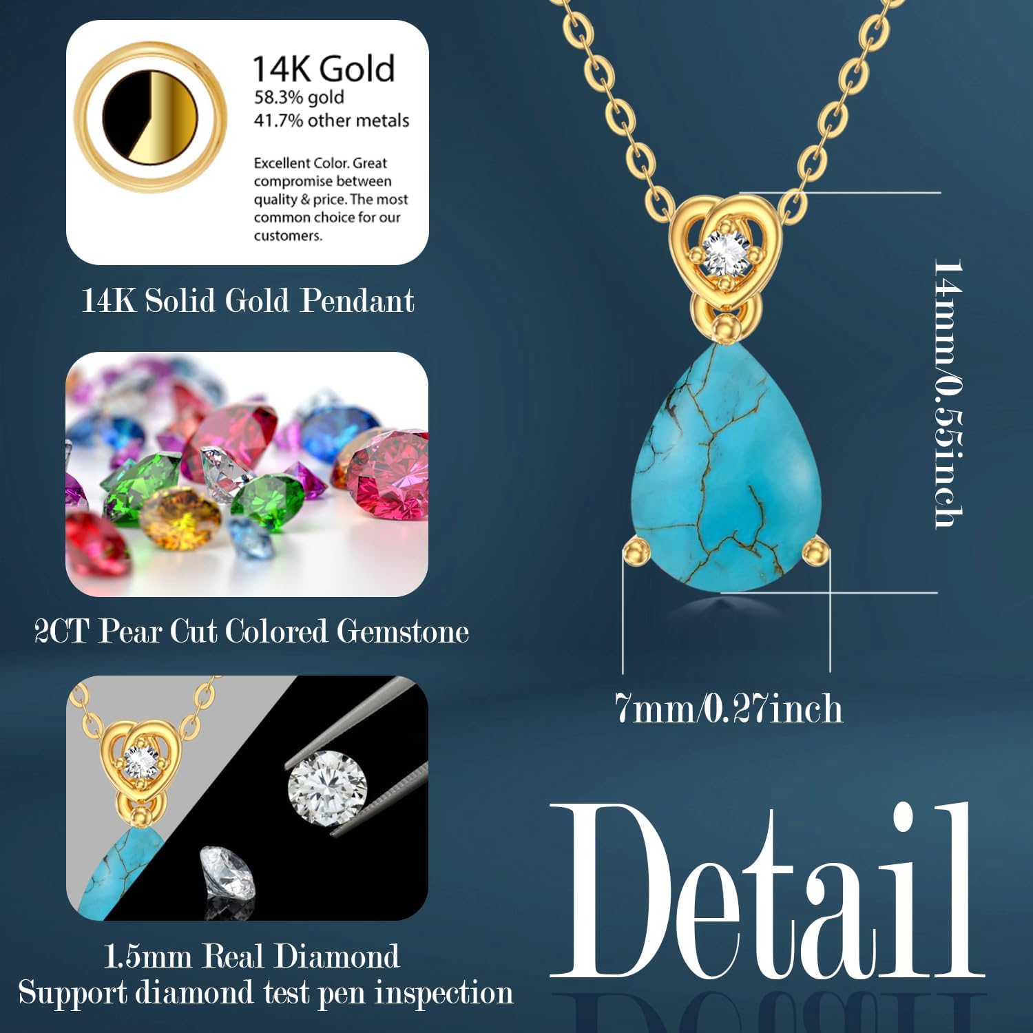 14k Gold Pear Gemstone Birthstone Necklace with Real Diamond(I2-I3 Clarity),2 Carat Teardrop Created Birthstone Anniversary Birthday Mother's Day Necklaces for Women Mom Her - Image 5