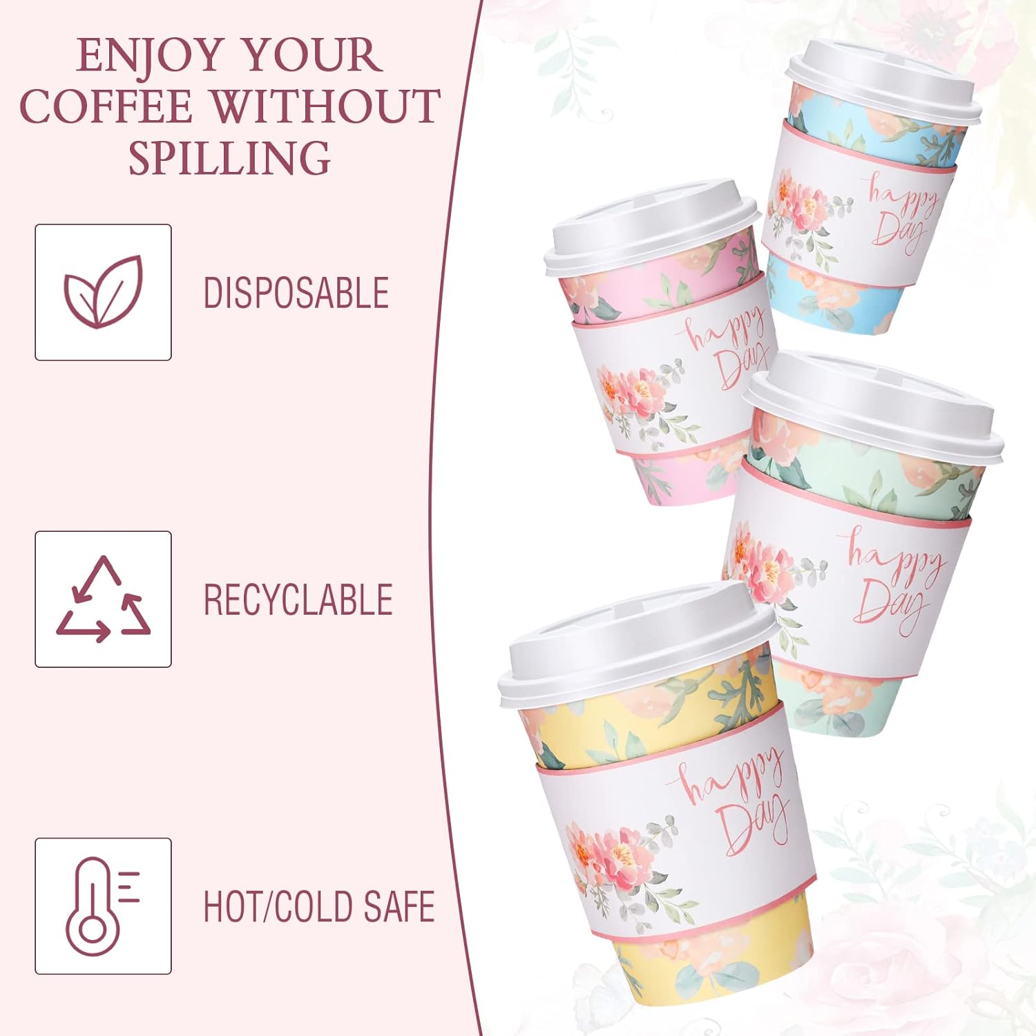 Remerry 100 Pcs 12oz Floral Disposable Coffee Cups with 100 Lids and 100 Sleeves Paper Insulated Drink Hot Coffee Paper Cups with Dome Lids and Sleeves for Parties Wedding Baby Shower(Fresh) - Image 3