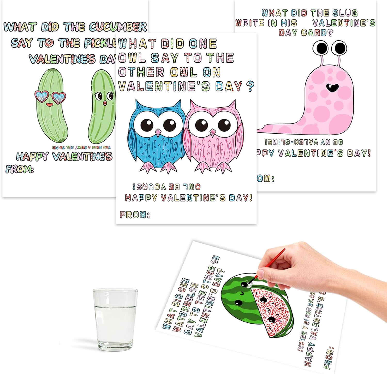 Valentines Day Gifts for Kids for Kids 24 Pcs Paint Watercolor Joke Valentines Cards,Valentine's Day Gifts for Boys Girls Classmates School,with Paintbrush