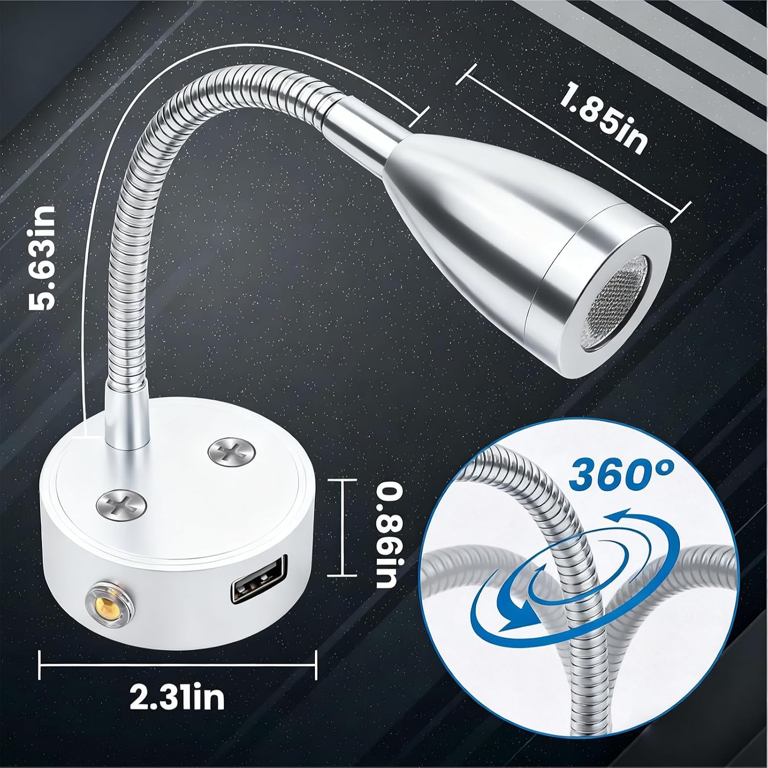 2 Pack 12V RV Reading Light with USB,RV Dimmable Reading Lamp with USB Charger 12 Volt Flexible Neck Light for Boat Camper Van Trailer Interior Lighting