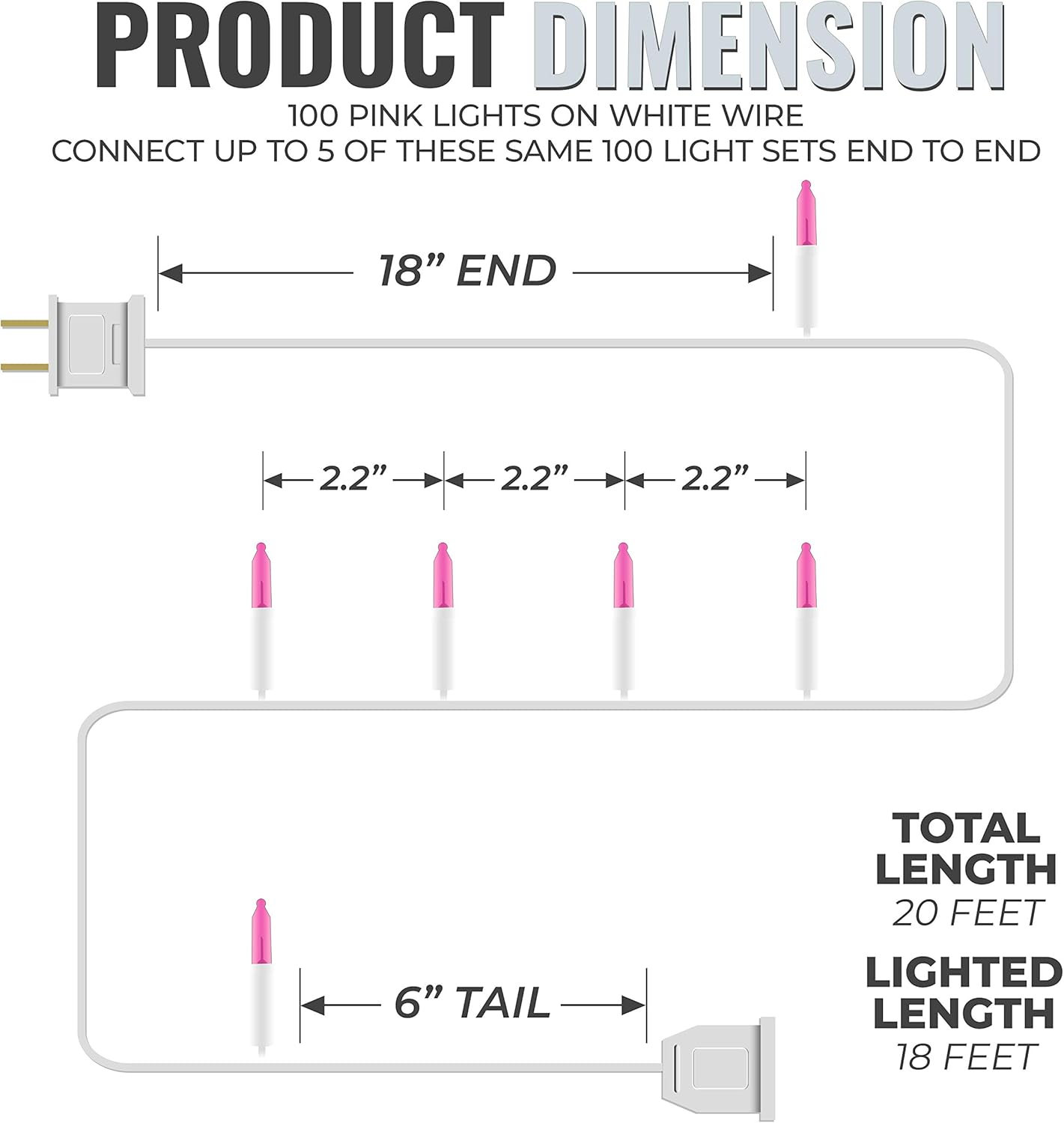 612 Vermont 100 Pink Christmas Lights on a White Wire String, UL Approved, Indoor/Outdoor Use, 18’ of Lighted Length, 20’ of Total Length - Image 2