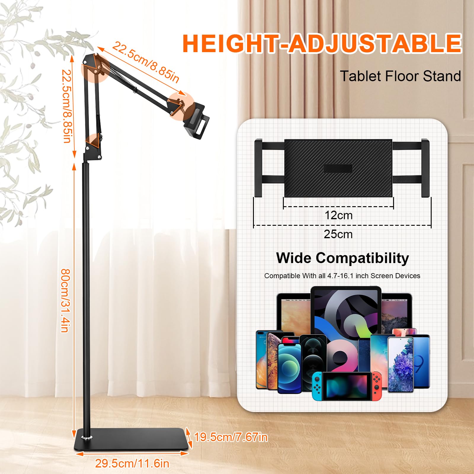 Supporto Tablet da Pavimento, Supporto Tablet da Terra Regolabile, Supporto Tablet da Letto e Divano, Braccio Articolato Regolabile, Rotazione 360°, Morsetto 12–25 cm per Smartphone e Tablet