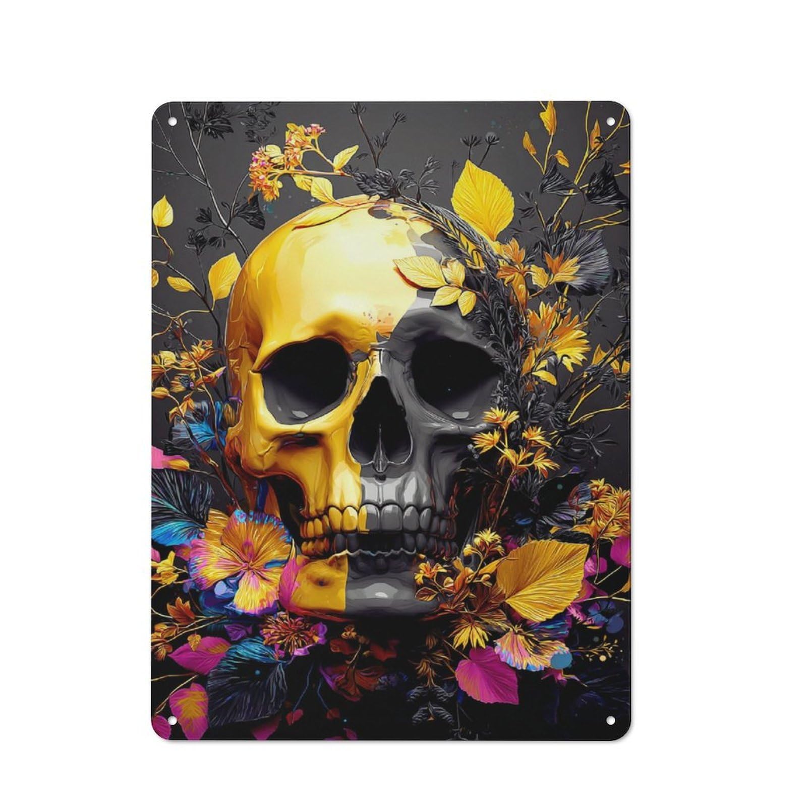 Junmoney Golden Skull With Flowers Artwork Rustic Tin Sign 40X30cm For Living Room Or Hallway, Suited To Living Room Decor Lovers
