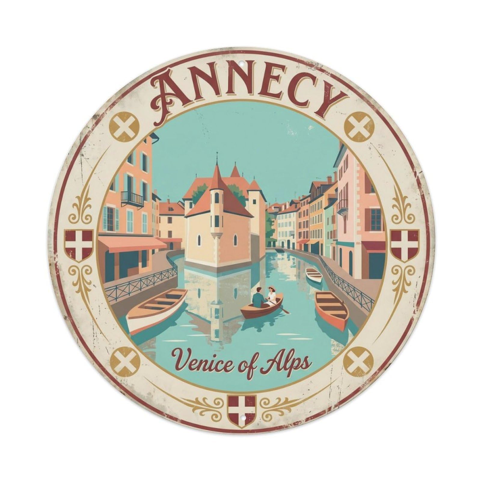 Vintage Travel Annecy France Lake Metal Tin Sign Plaque Wall Decor for Cafe, Club Bar, Office, Home Garden Round Metal Poster 8x8Inch