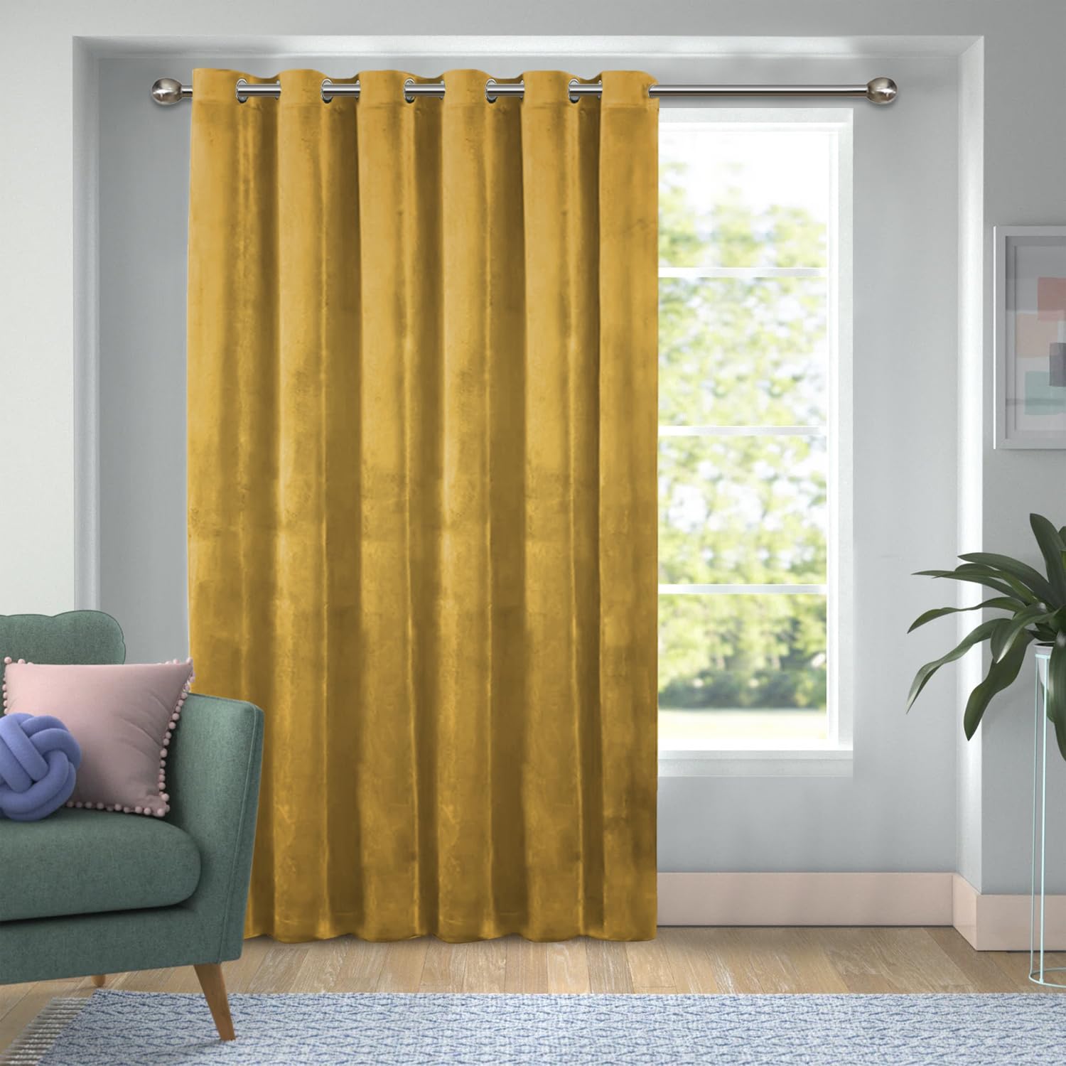 Yorkshire Bedding Velvet Blackout Curtains for Bedroom Ochre 66x84 Inch Room Darkening Eyelet Curtain for Living Room Super Soft 1 Panel Curtain + Tie Back