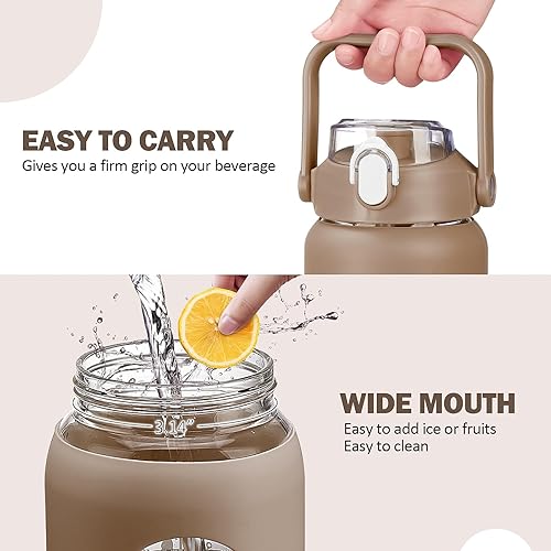 Miniatura 5 de kytffu Botellas de agua de vidrio de 42 onzas con pajilla, botella de vidrio motivacional con funda de silicona y marcador de tiempo, jarra de agua