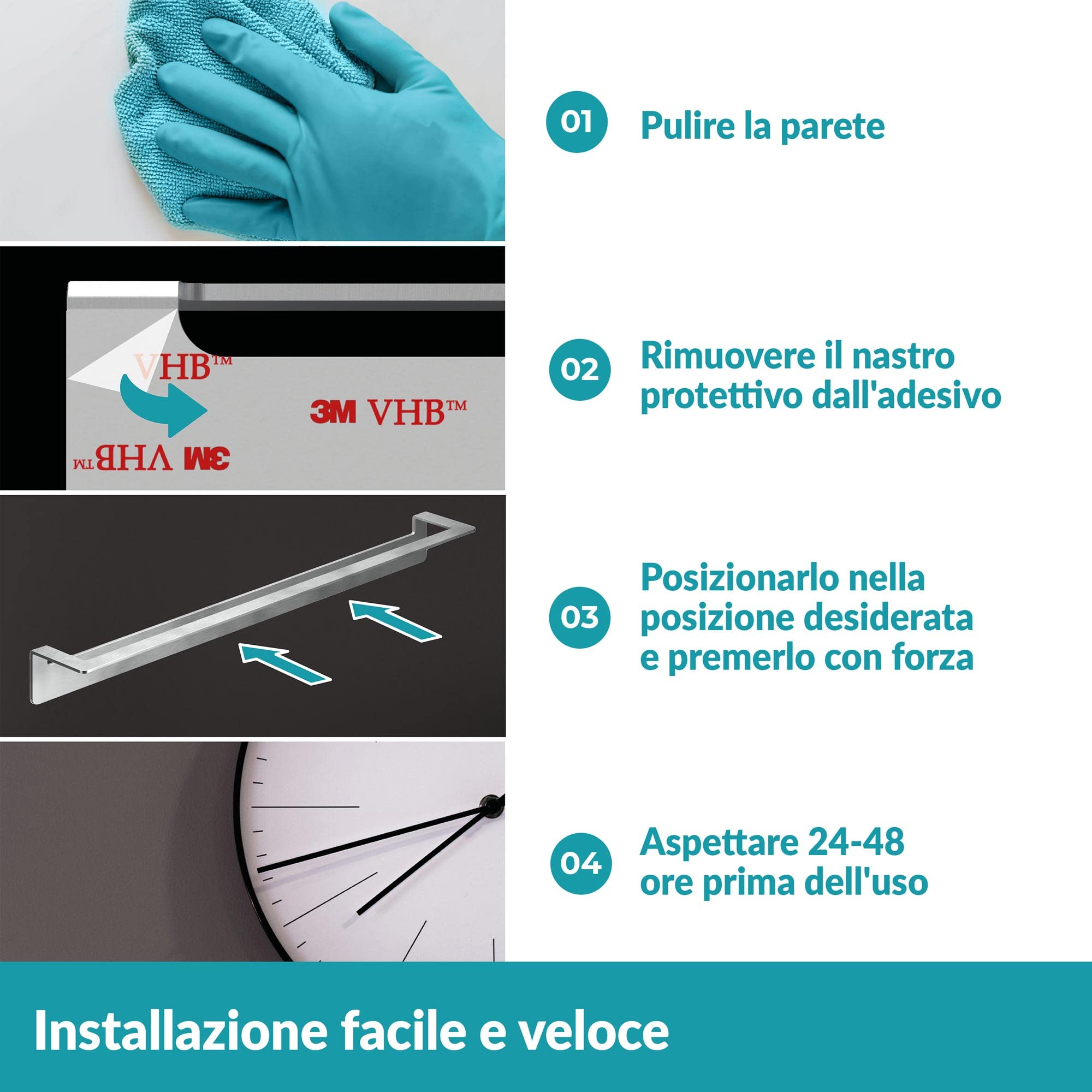 WEISSENSTEIN Porta asciugamani adesivo 60 cm - Acciaio inox da parete