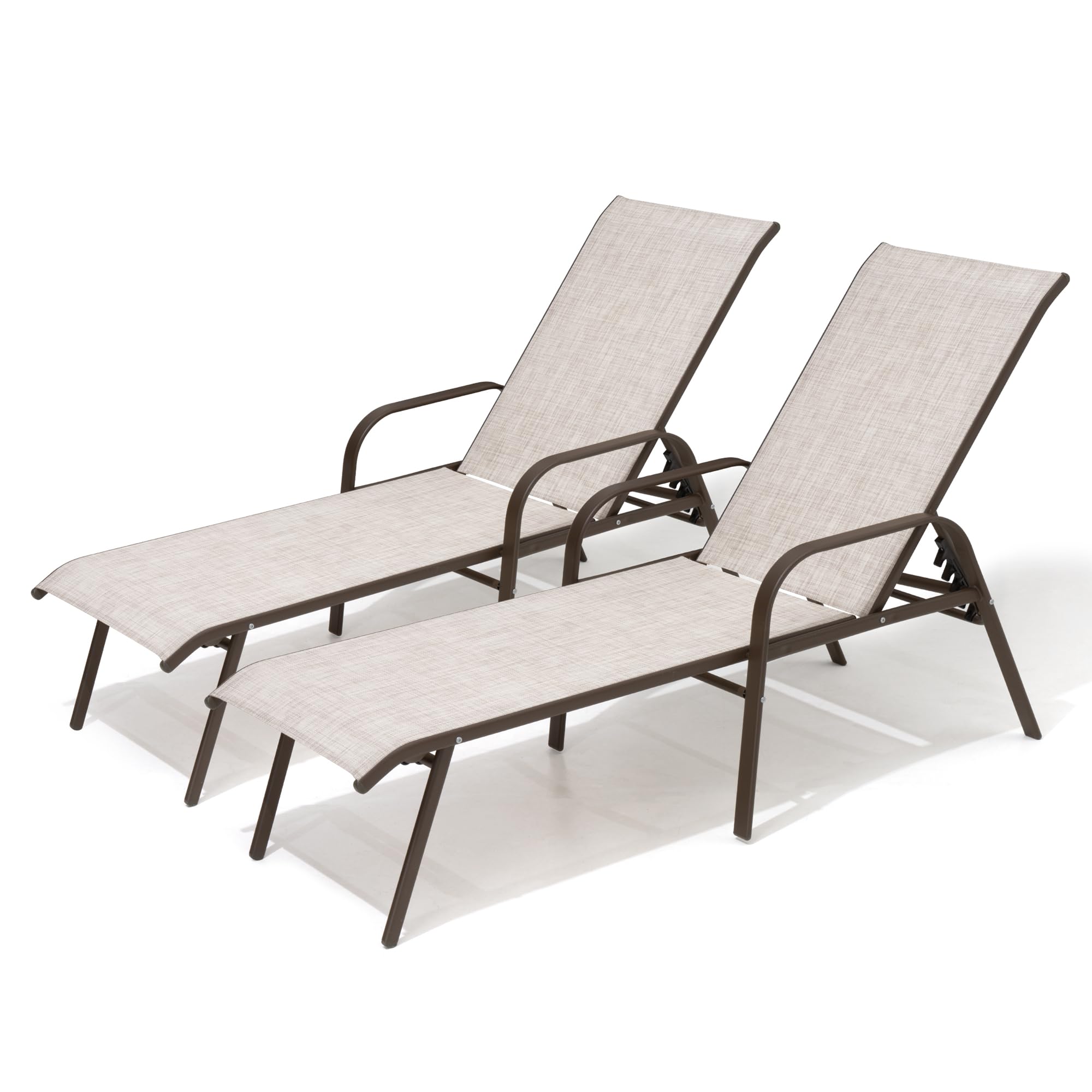 Pellebant Adjustable Patio Chaise Lounge Chair, 5 Positions and Flat Position, Steel Folding Outdoor Recliners for Beach, Pool and Yard, 2 Pcs, Beige