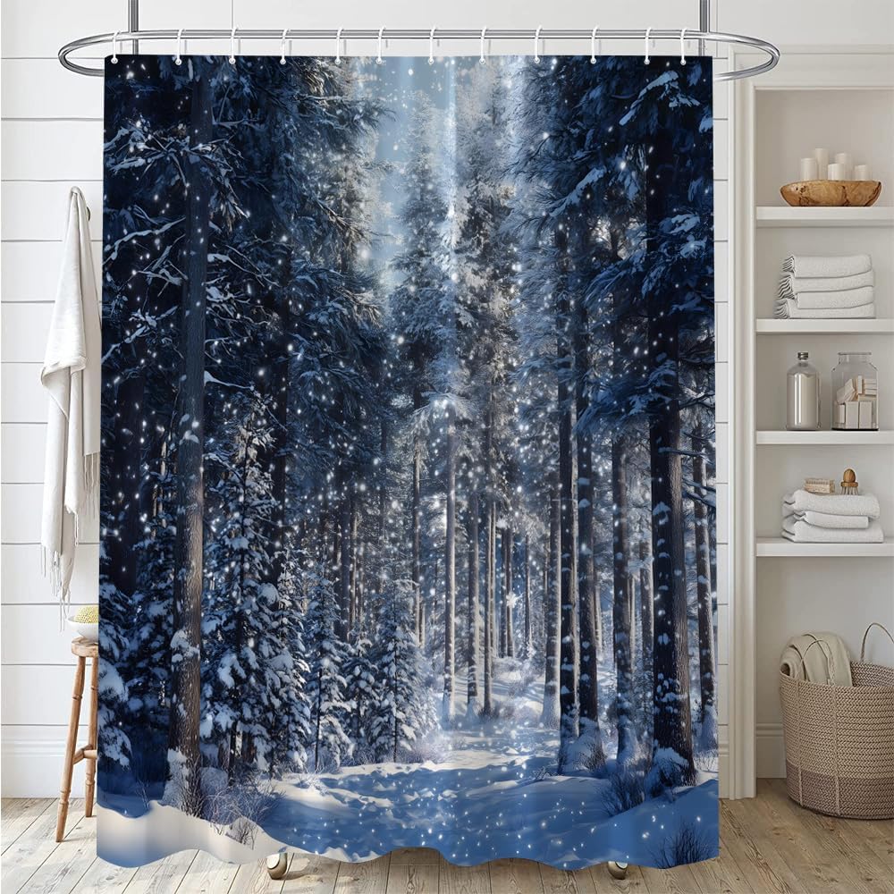 Winter Landscape Shower Curtain Misty Forest Snowflake Pine Tree Snowflied Heavy Snow Cold Season Natural Scene Polyester Fabric Bathroom Decor 70×96 Inch with Hook