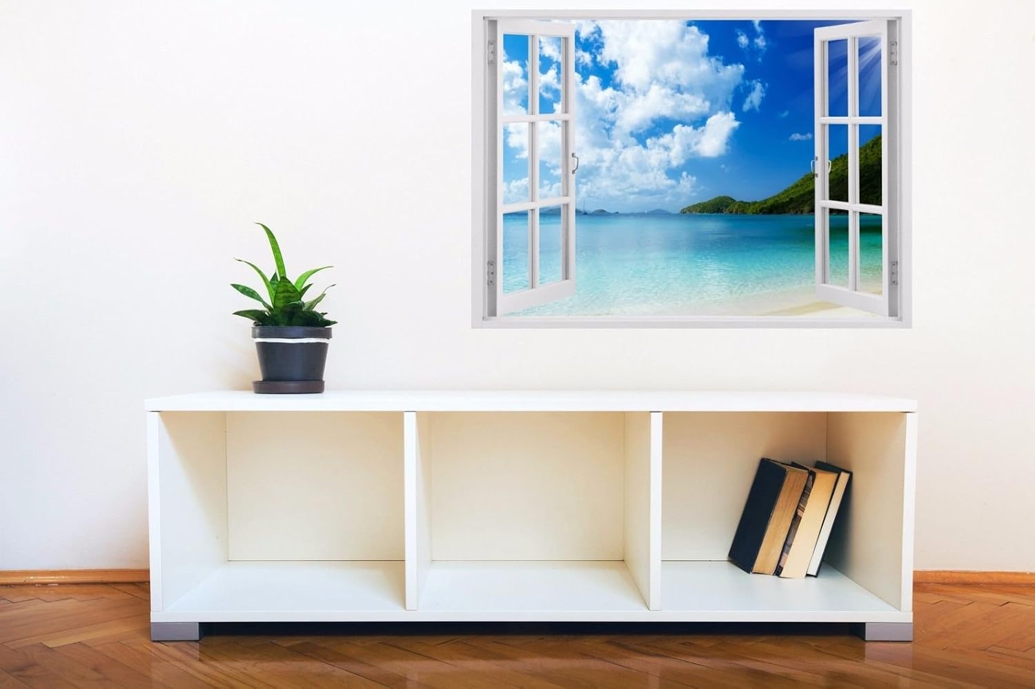 Huge 3D Vinyl Wall Decal Decal, White Window Frame Style Home Décor Art Removable Wall Decal, 33.5"x 45" (Paradise Beach View)