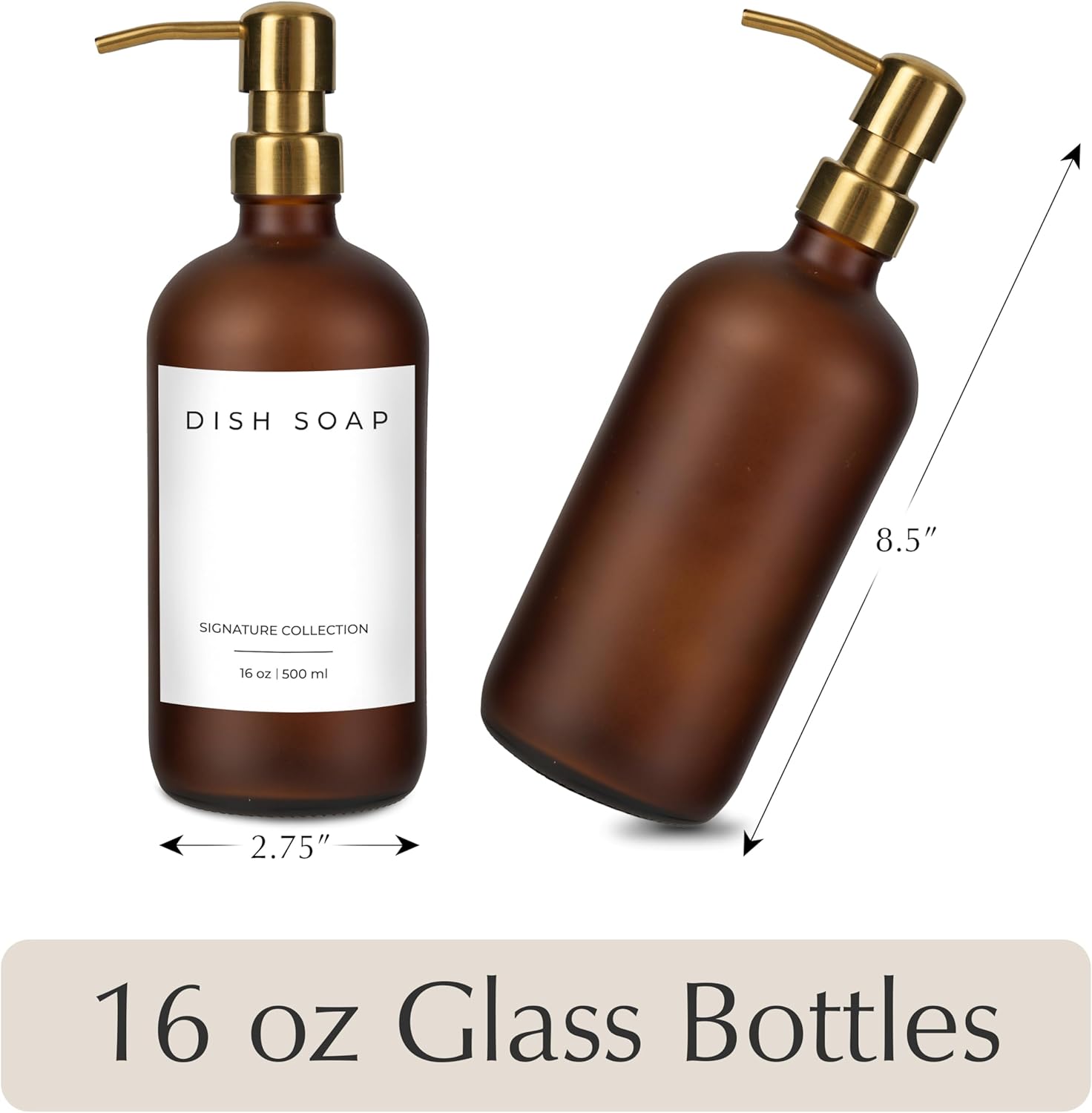 Emerson Essentials Soap Dispenser, Glass Bottles for Kitchen, Soap Bottles Bathroom Set, Kitchen Dispenser Set, Hand Wash and Dish Soap Frost | 2 Pack 16 oz Waterproof Labels