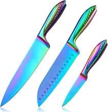 WELLSTAR Kitchen Knife Set 3 Piece, Razor Sharp German Stainless Steel Blade and Comfortable Handle with Rainbow Titanium Coated, Chef Santoku Paring for Cutting Dicing Mincing and Peeling, Gift Box