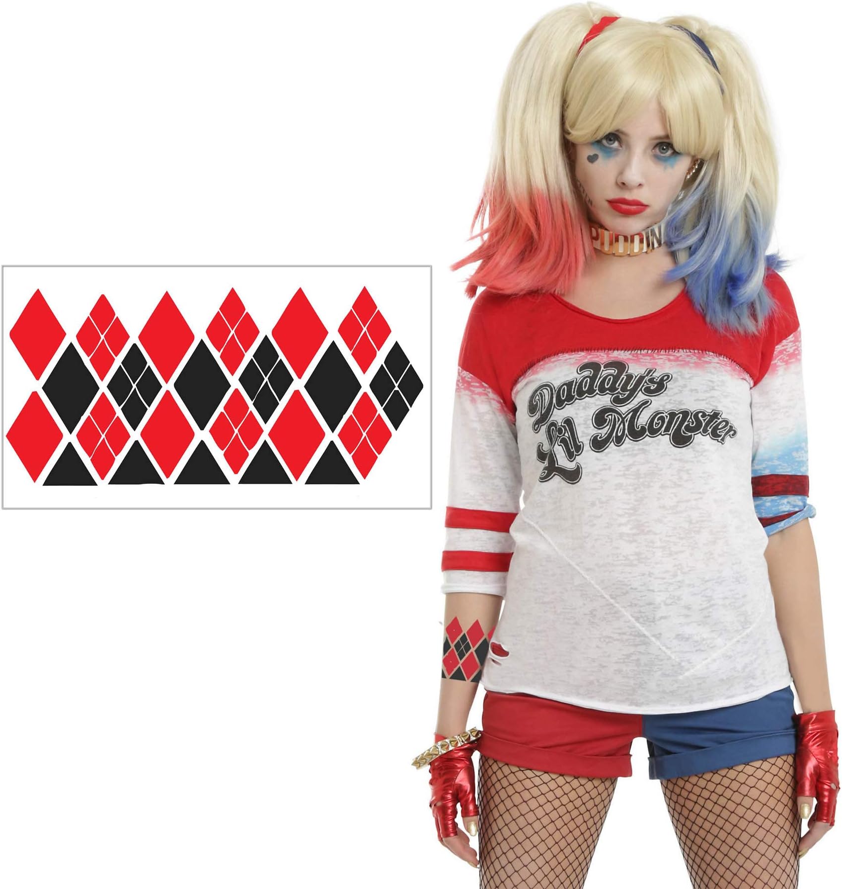 HQ Temporary Tattoo - Red & Black Diamonds Arm Tat - Halloween Costume / Cosplay