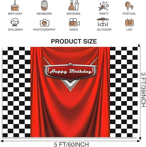 Vista 2 de Fondo de cumpleaños de coche con bandera de carreras, 5 x 3 pies, fondo de fotos de carreras a cuadros duradero para decoraciones de cumpleaños