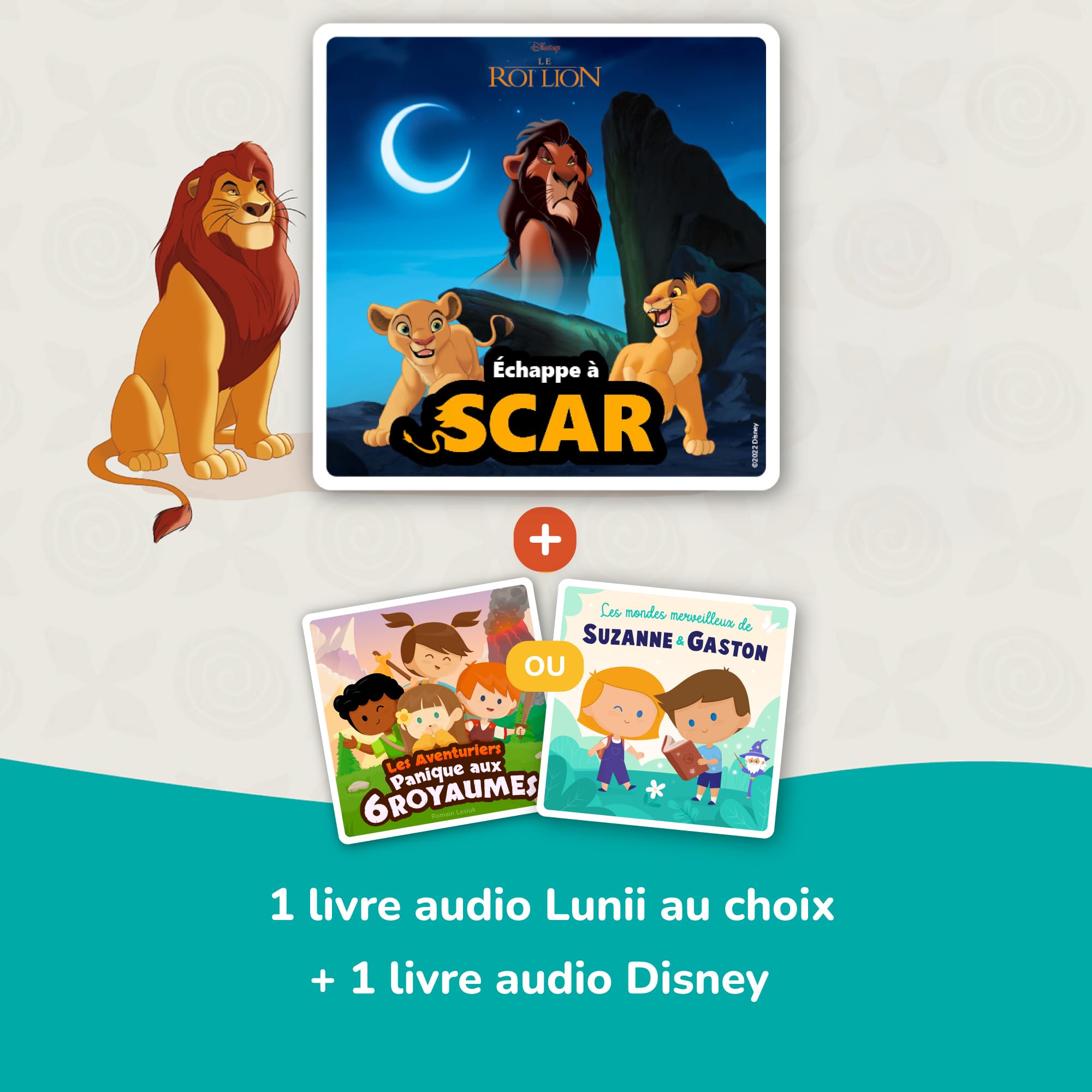 Lunii - Specjalny pakiet Disney My Fabrique Stories: Pudełko z opowiadaniami + audiobook Wyzwanie Brzydkie Ucieczka z Blizny + 1 audiobook do wyboru - Interaktywny gawędziarz dla dzieci 3-8 lat