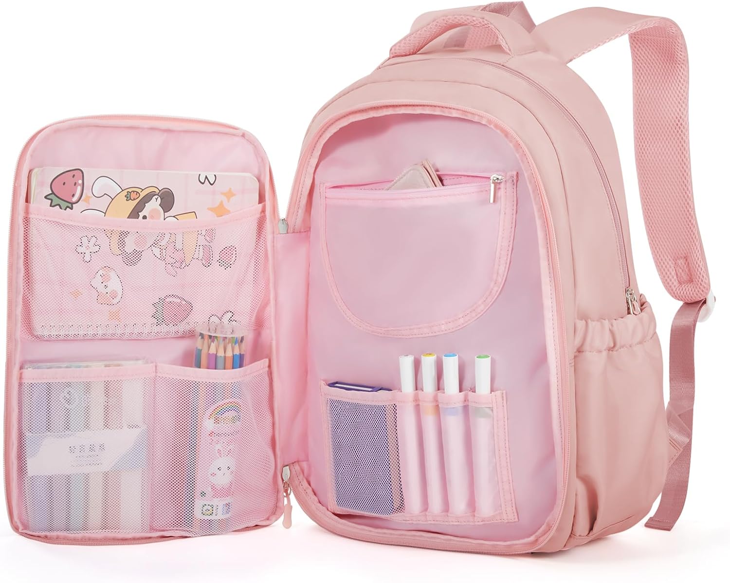 Cute Backpack For School Teens Girls, Aesthetic Kids Elementary School Backpacks, Waterproof Middle Students Bookbag, Large Capacity Backpack For College Women Men (Pink) - Image 2