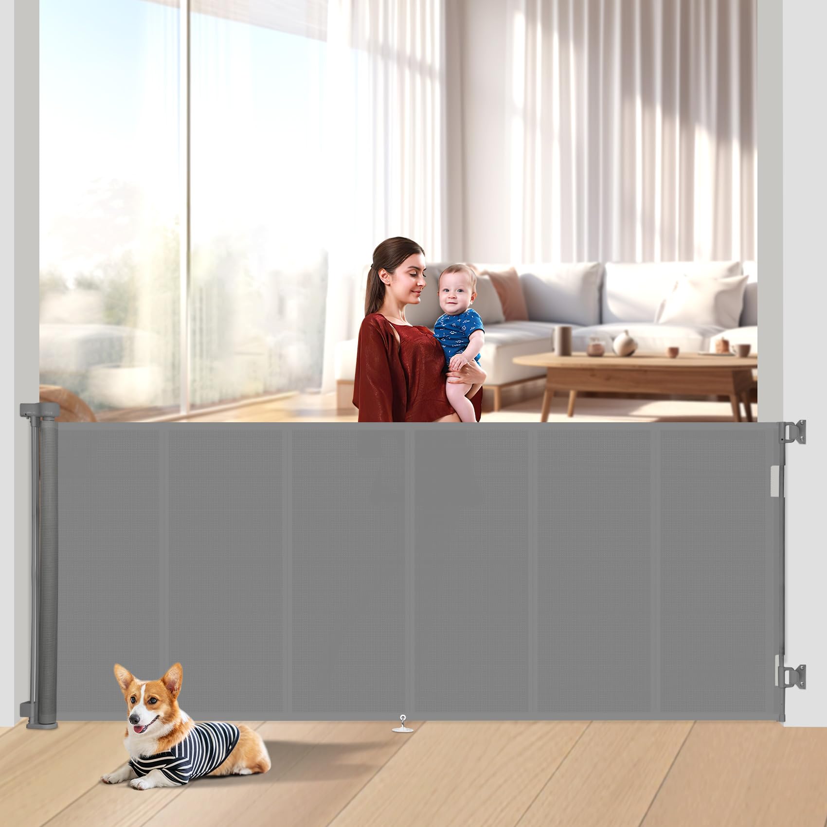 Upgrade 120 inch Retractable Baby Gates Extra Wide with Reinforced Strip Design to Prevent Crawling Through, 10 Foot Retractable Dog Gate, 48" Tall, Retractable Gate for Indoor/Outdoor(Gray)