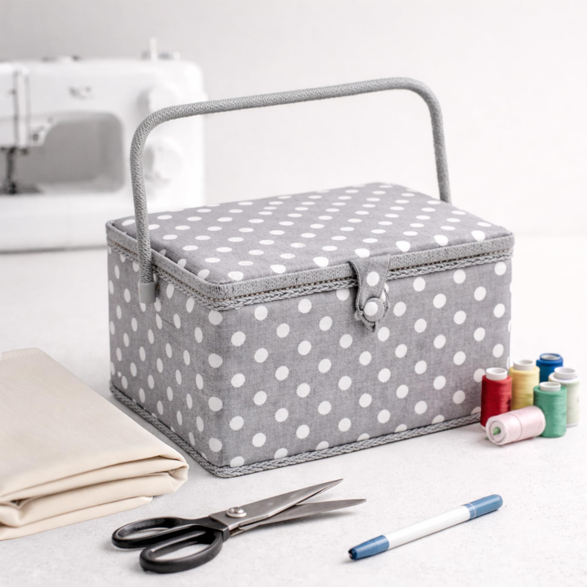 Hobby Gift Exclusif Grande boîte de rangement pour travaux manuels de couture, Gris à Pois