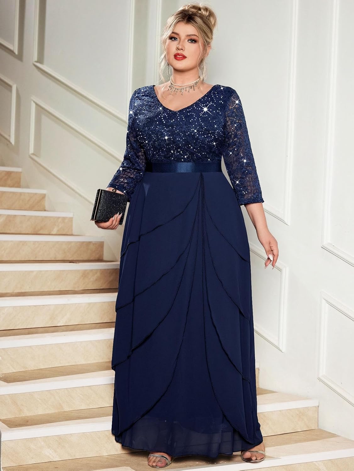 MISSMAY Women's Plus Size Sequins Lace Ruffle Tiered Layered Chiffon Formal Maxi Dress - Image 4