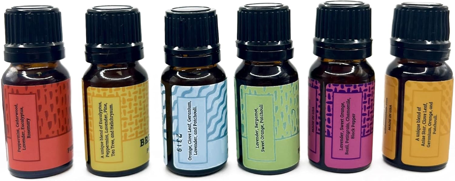 Wild Essentials 6 Pack Synergy Blend Aromatherapy Essential Oil Gift Set 100% Pure, Undiluted 10ml Bottles of Breathe Easy, Alert, Inner Calm, Relax, Uplifting, Zen, Made in USA
