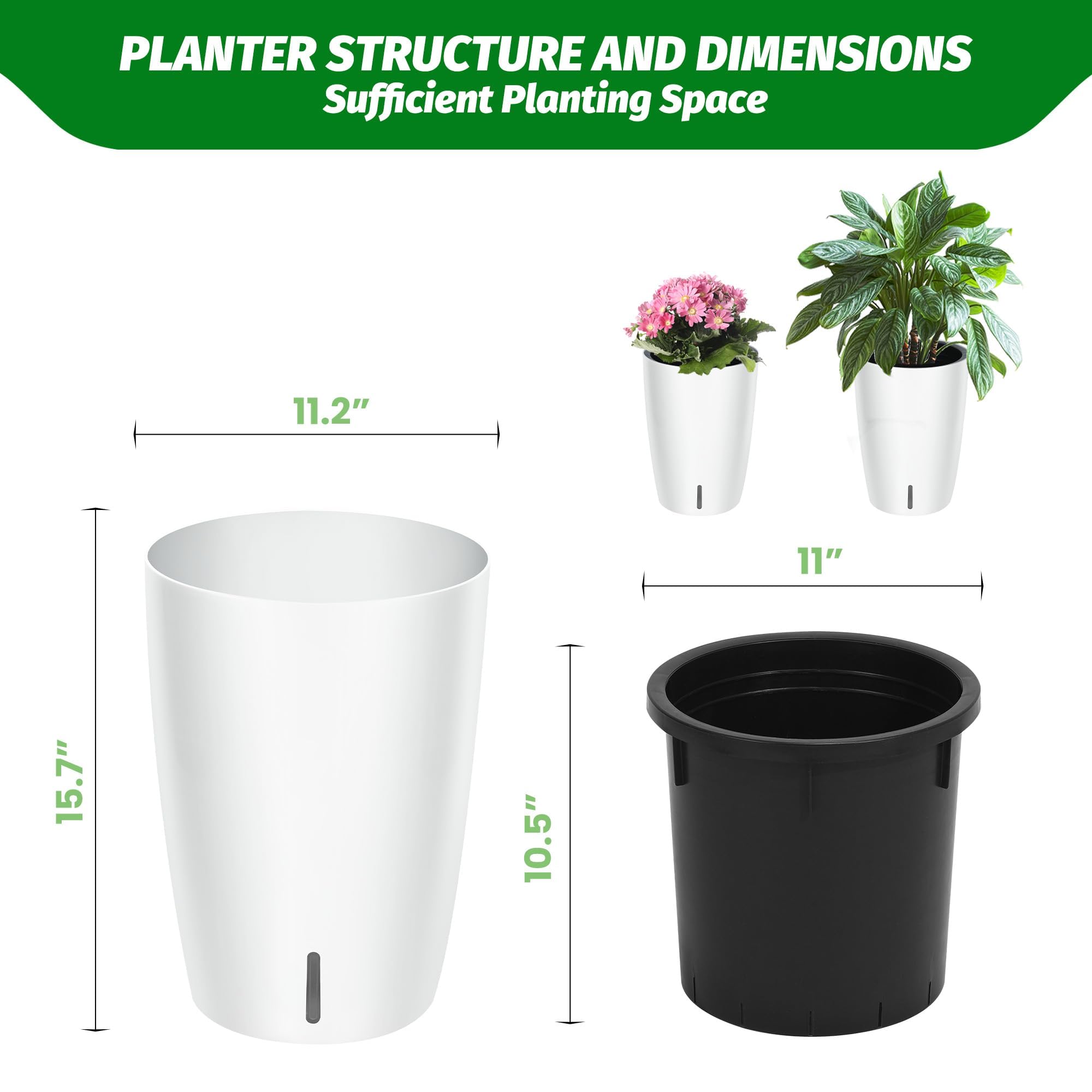 Set di 2 vasi da fiori alti 16"per piante autoirriganti piante da interno, da fiori drenaggio integrato e design visivo del livello dell'acqua patio, veranda, soggiorno o ufficio domestico
