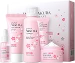 LAIKOU Ensemble de soins de la peau, produits de toilette de taille voyage, Kit de soins courants pour les femmes, Ensemble cadeau de soins SAKURA Nettoyeur, Toner, Sérum, Crème pour les yeux, Crème du visage Fête des mères Noël Fille