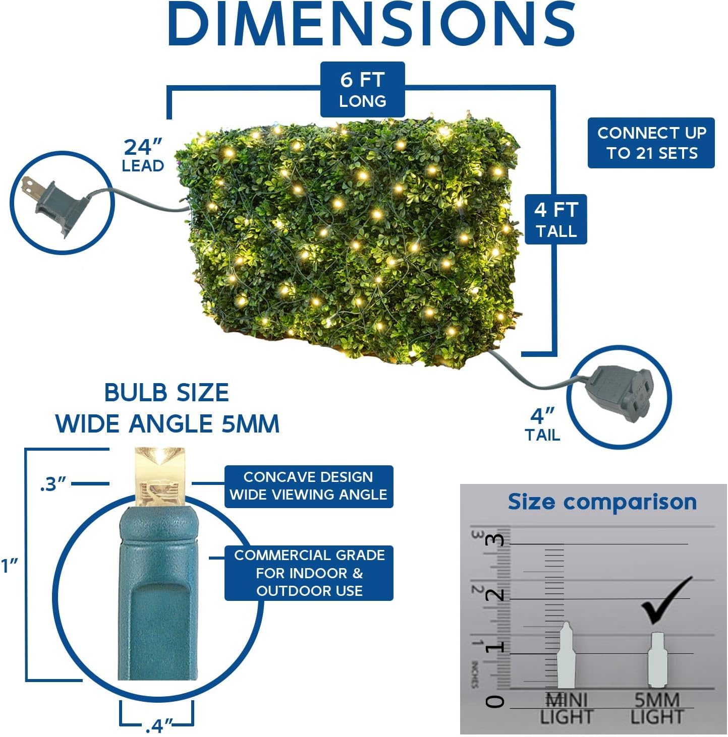 Novelty Lights 4x6 Net Lights, 100 Warm White LEDs with 4 Inch Spacing, 5mm Wide Angle Bulbs on Black Wire, Connectable End to End, Outdoor Weather Resistant Hedge and Bush Lighting