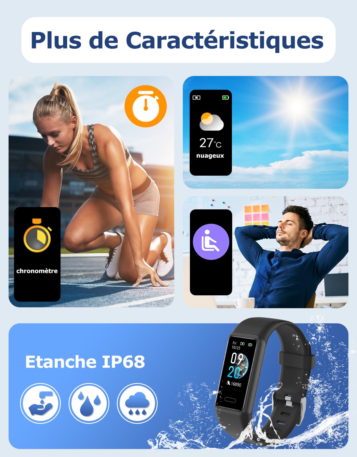 Cloudpoem Montre Connectée Sport IP68 Podomètre Cardiofréquencemètre Suivi Sommeil Calories Android iOS