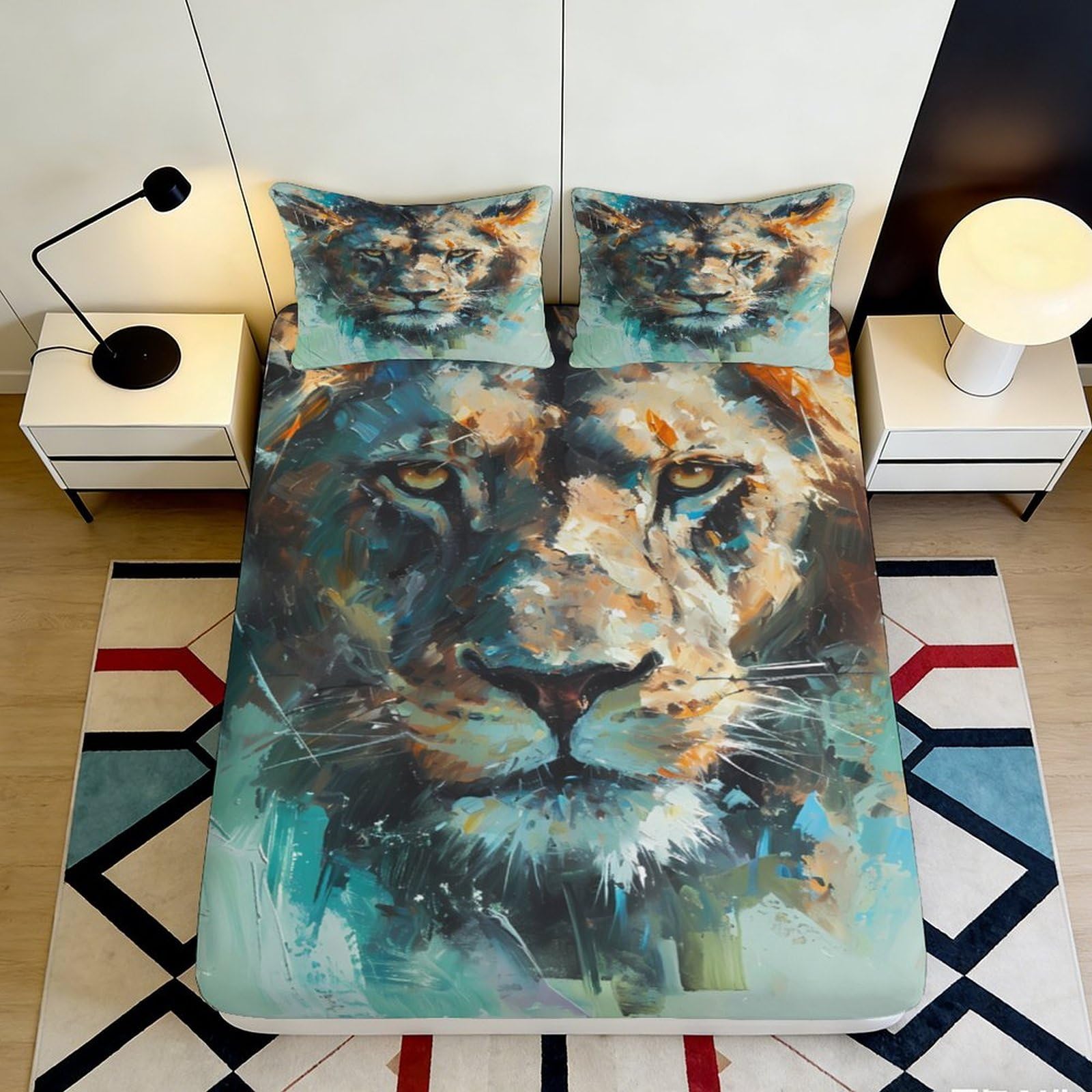 3D Printed Lion Face Fitted Sheet Microfiber Soft Durable Abstract Art Bed Cover for Bedroom Dormitory Guest Room Mattress Protection 120x200x25cm