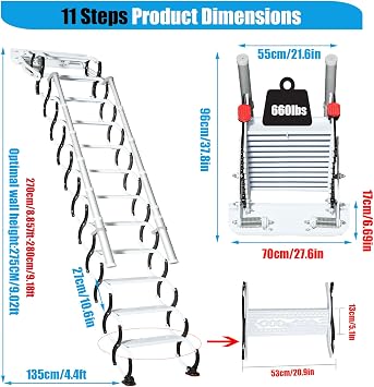 11 Steps Retractable Loft Ladder, 660lb Wall Mounted Pull Down