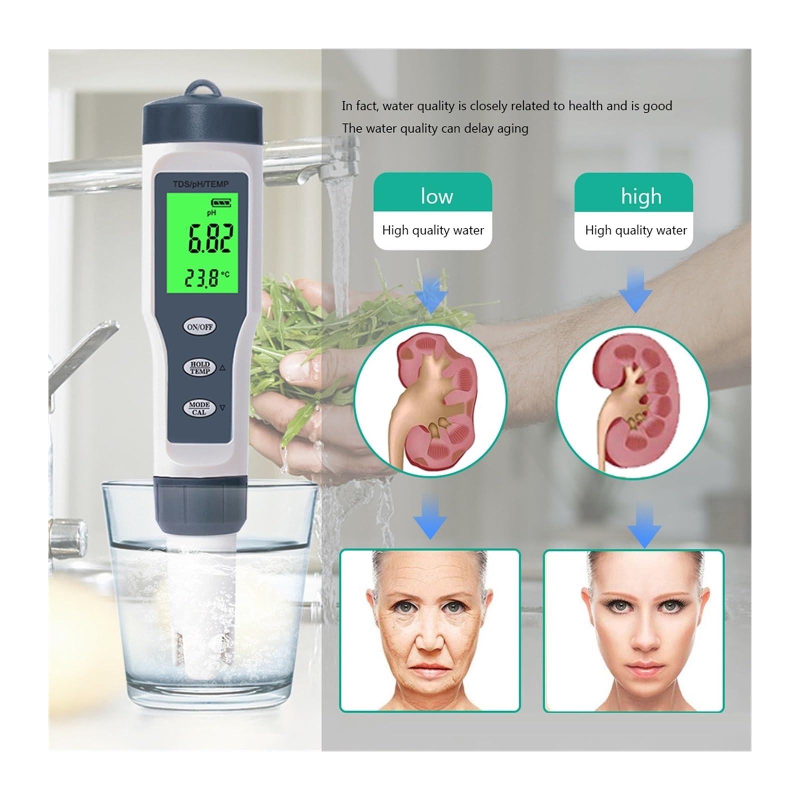 Tester miernika PH, Miernik PH 3 w 1 TDS miernik temperatury Tester PH cyfrowy Tester jakości wody do wody pitnej akwarium basen analizator wody,Woda pitna, Hydroponika, SPA, Browarnictwo(3 in 1 No B