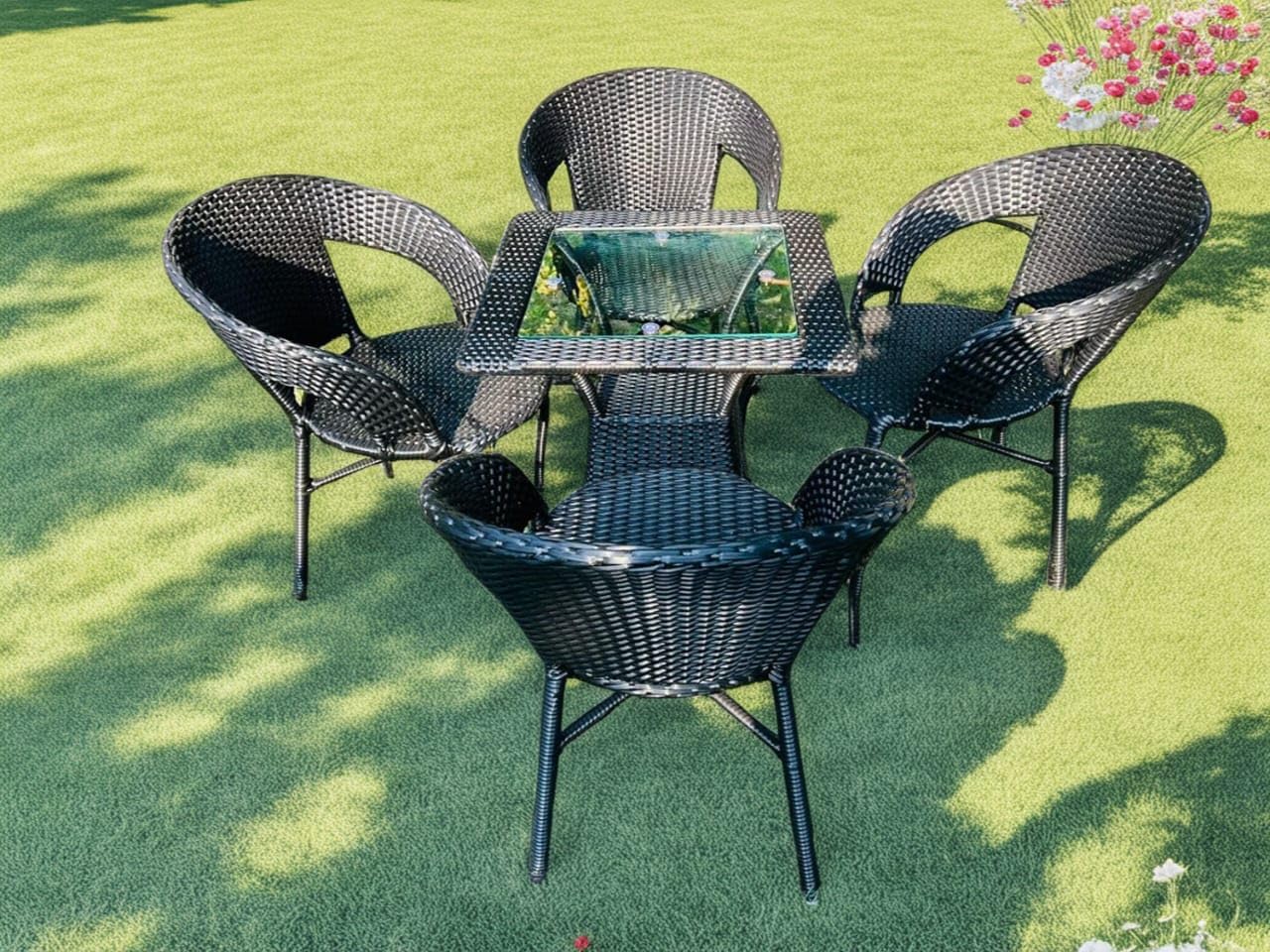 APK 4+1 Outdoor Indoor Patio Furniture Sets Chair Patio Wicker for Living & Dining & Garden Lawn Balcony Office Cafe & Restaurant Garden Chair Furniture with Glass Table (D-12 Black Square Table)-image-21