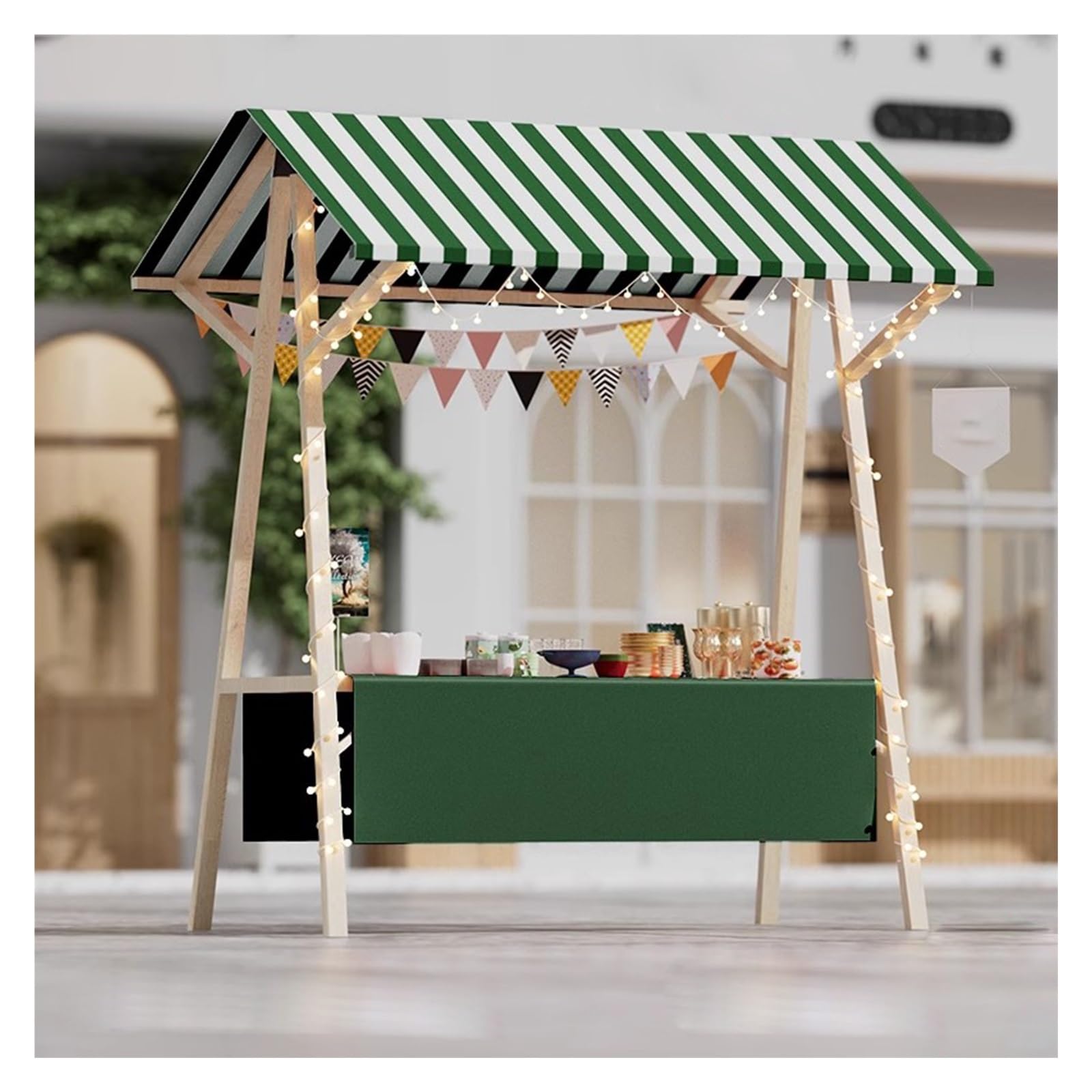 Carrito de eventos para flores y refrigerios de madera portátil, expositor móvil verde de 137 cm